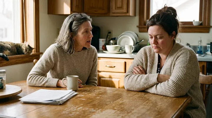 Two women talking at a kitchen table